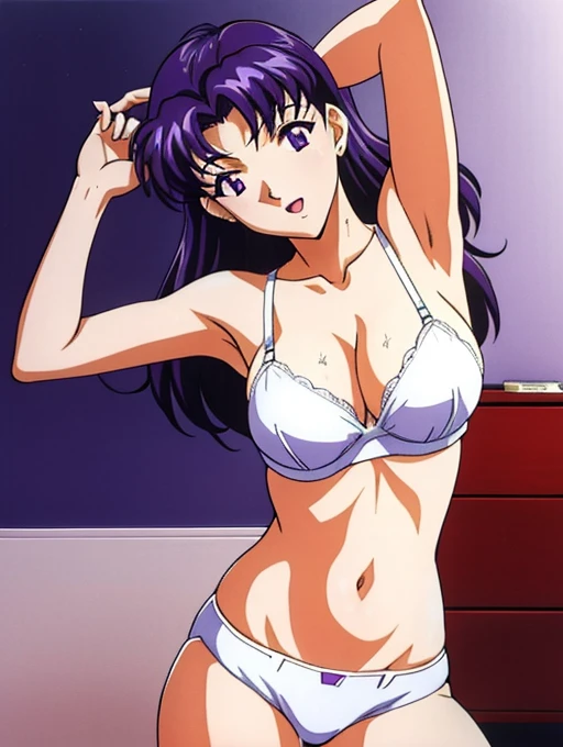 ((Katsuragi Castle_Misato)), White underwear, take a photo in the apartment, Moderate_chest, Purple Hair, (analog quality:0.6), (Film Grain:0.8),Sexy pose