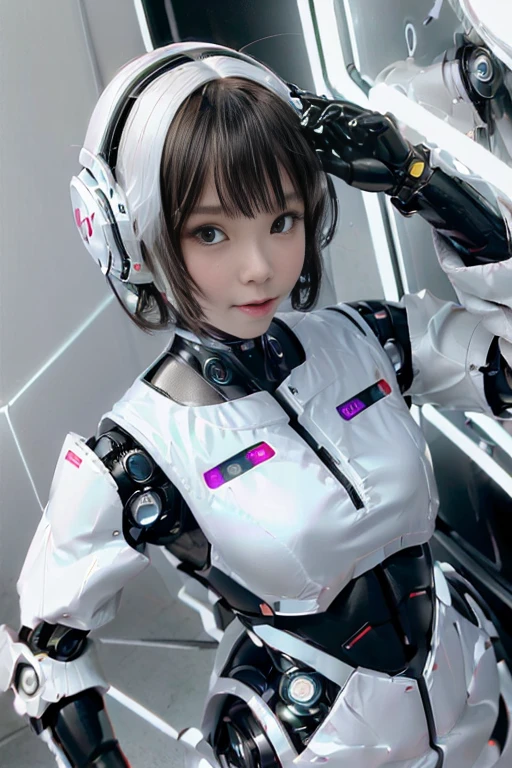 A girl in a futuristic bright white heavily armored robot suit takes a photo、perfect android girl, Female cyborg body, Perfect anime cyborg woman, Beautiful female android!, Female Robot, completely robot!! girl, Cute cyborg girl, Cyber Suit, Girl wearing mecha cybernetic armor, Cyber Suit, beutiful white girl cyborg, Beautiful female android, Beautiful girl cyborg、Cute cyborg girl with short bob hair、Beautiful android sculpture model、(Laughter)、((Rounded, white, sturdy armor))、(((Equipped with long sensor antennas on both ears)))、(((Robot Girl)))、(((Android girls)))、
