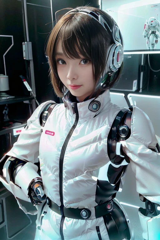 A girl in a futuristic bright white heavily armored robot suit takes a photo、perfect android girl, Female cyborg body, Perfect anime cyborg woman, Beautiful female android!, Female Robot, completely robot!! girl, Cute cyborg girl, Cyber Suit, Girl wearing mecha cybernetic armor, Cyber Suit, beutiful white girl cyborg, Beautiful female android, Beautiful girl cyborg、Cute cyborg girl with short bob hair、Beautiful android sculpture model、(Laughter)、((Rounded, white, sturdy armor))、(((Equipped with long sensor antennas on both ears)))、(((Robot Girl)))、(((Android girls)))、