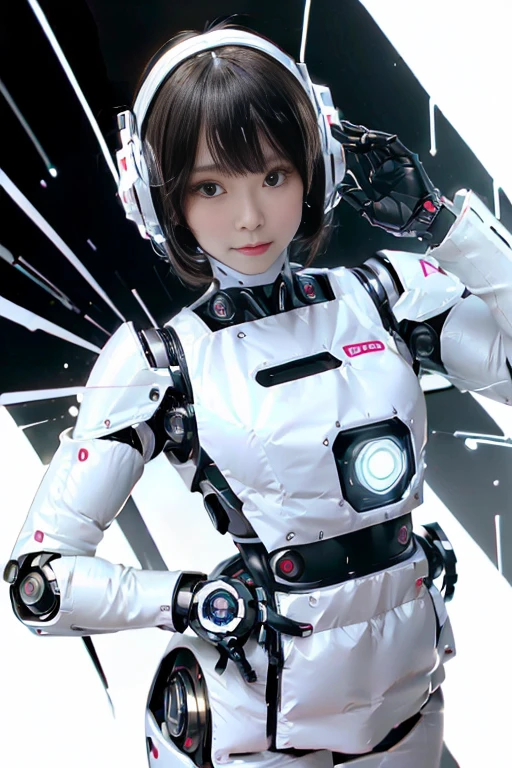 A girl in a futuristic bright white heavily armored robot suit takes a photo、perfect android girl, Female cyborg body, Perfect anime cyborg woman, Beautiful female android!, Female Robot, completely robot!! girl, Cute cyborg girl, Cyber Suit, Girl wearing mecha cybernetic armor, Cyber Suit, beutiful white girl cyborg, Beautiful female android, Beautiful girl cyborg、Cute cyborg girl with short bob hair、Beautiful android sculpture model、(Laughter)、((Rounded, white, sturdy armor))、(((Equipped with long sensor antennas on both ears)))、(((Robot Girl)))、(((Android girls)))、