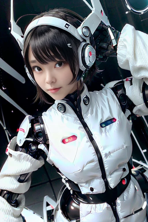 A girl in a futuristic bright white heavily armored robot suit takes a photo、perfect android girl, Female cyborg body, Perfect anime cyborg woman, Beautiful female android!, Female Robot, completely robot!! girl, Cute cyborg girl, Cyber Suit, Girl wearing mecha cybernetic armor, Cyber Suit, beutiful white girl cyborg, Beautiful female android, Beautiful girl cyborg、Cute cyborg girl with short bob hair、Beautiful android sculpture model、(Laughter)、((Rounded, white, sturdy armor))、(((Equipped with long sensor antennas on both ears)))、(((Robot Girl)))、(((Android girls)))、