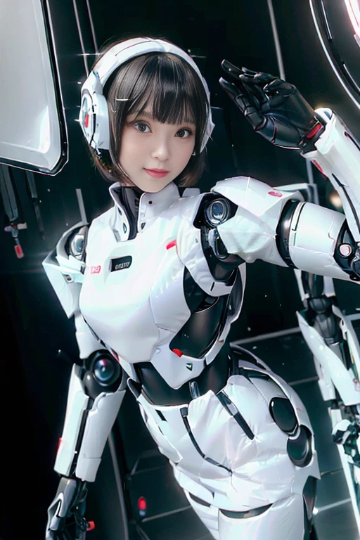 A girl in a futuristic bright white heavily armored robot suit takes a photo、perfect android girl, Female cyborg body, Perfect anime cyborg woman, Beautiful female android!, Female Robot, completely robot!! girl, Cute cyborg girl, Cyber Suit, Girl wearing mecha cybernetic armor, Cyber Suit, beutiful white girl cyborg, Beautiful female android, Beautiful girl cyborg、Cute cyborg girl with short bob hair、Beautiful android sculpture model、(Laughter)、((Rounded, white, sturdy armor))、(((Equipped with long sensor antennas on both ears)))、(((Robot Girl)))、(((Android girls)))、
