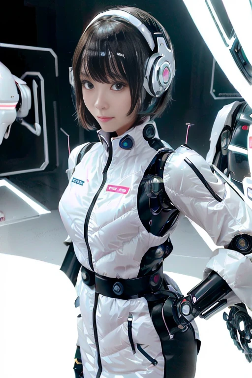 A girl in a futuristic bright white heavily armored robot suit takes a photo、perfect android girl, Female cyborg body, Perfect anime cyborg woman, Beautiful female android!, Female Robot, completely robot!! girl, Cute cyborg girl, Cyber Suit, Girl wearing mecha cybernetic armor, Cyber Suit, beutiful white girl cyborg, Beautiful female android, Beautiful girl cyborg、Cute cyborg girl with short bob hair、Beautiful android sculpture model、(Laughter)、((Rounded, white, sturdy armor))、(((Equipped with long sensor antennas on both ears)))、(((Robot Girl)))、(((Android girls)))、
