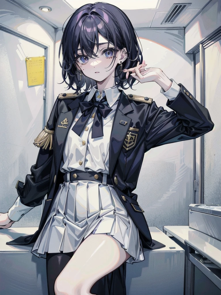 whole body, uniform, absurdres, Best Quality, 32k, pale skin, 20 years old, tearful mole, earring, short medium hair, wavy hair,