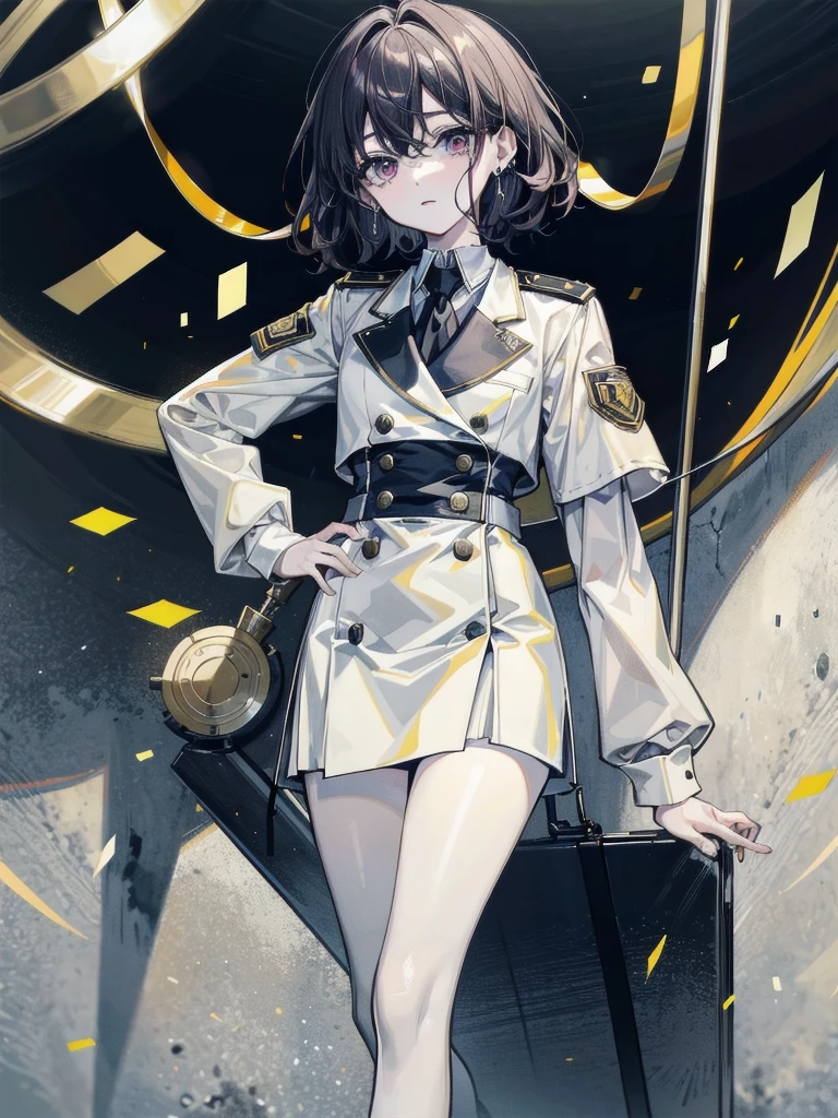 whole body, uniform, absurdres, Best Quality, 32k, pale skin, 20 years old, tearful mole, earring, short medium hair, wavy hair,