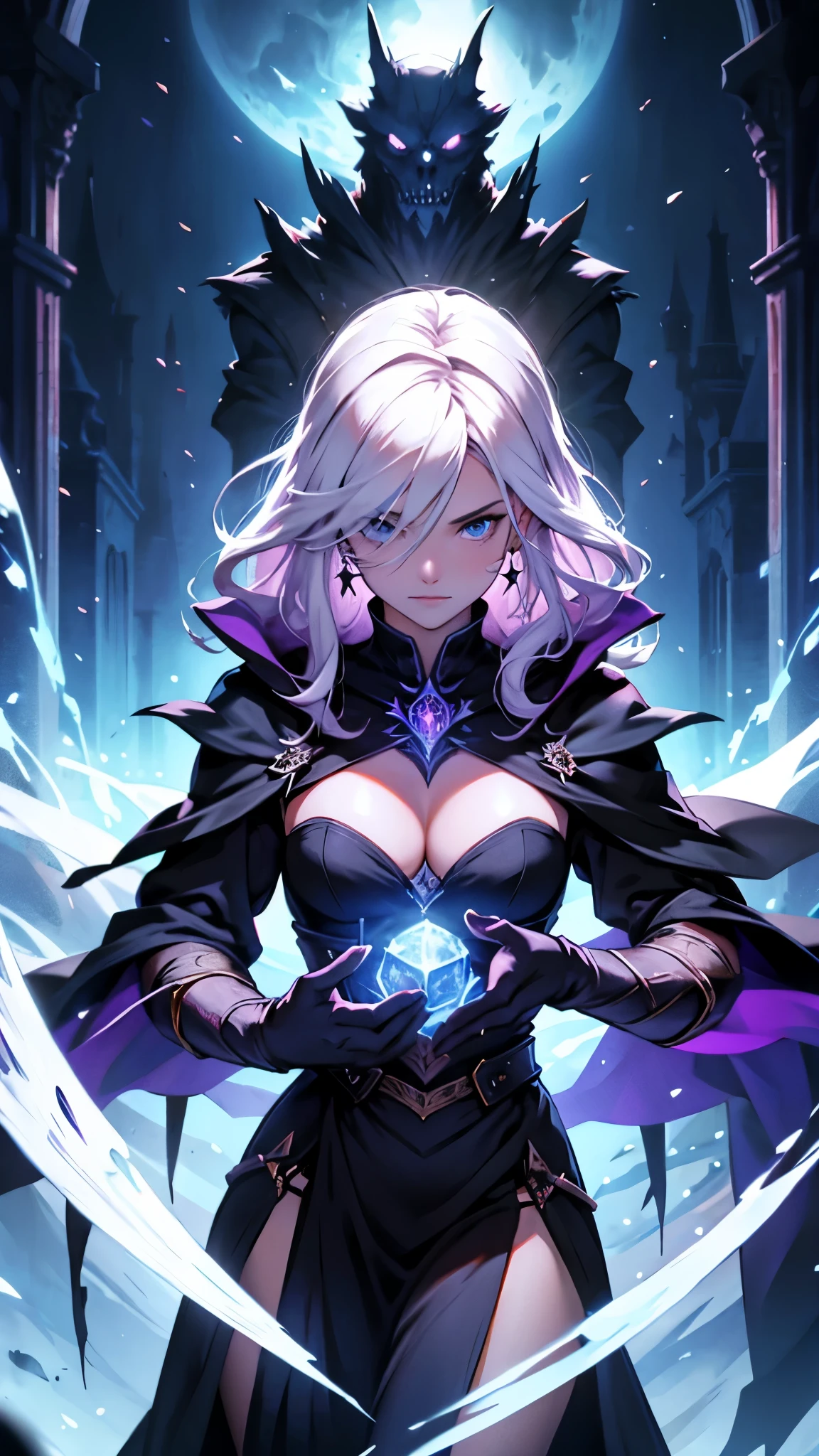 (masterpiece, best quality, ultra-detailed, best shadow), (detailed background,dark fantasy), (beautiful detailed face), high contrast, (best illumination, an extremely delicate and beautiful), ((cinematic light)), colorful, hyper detail, dramatic light, intricate details, (1girl, solo,white hair, sharp face,purple eyes, hair between eyes,dynamic angle), blood splatter, swirling black light around the character, depth of field,black light particles,(broken glass),magic circle,