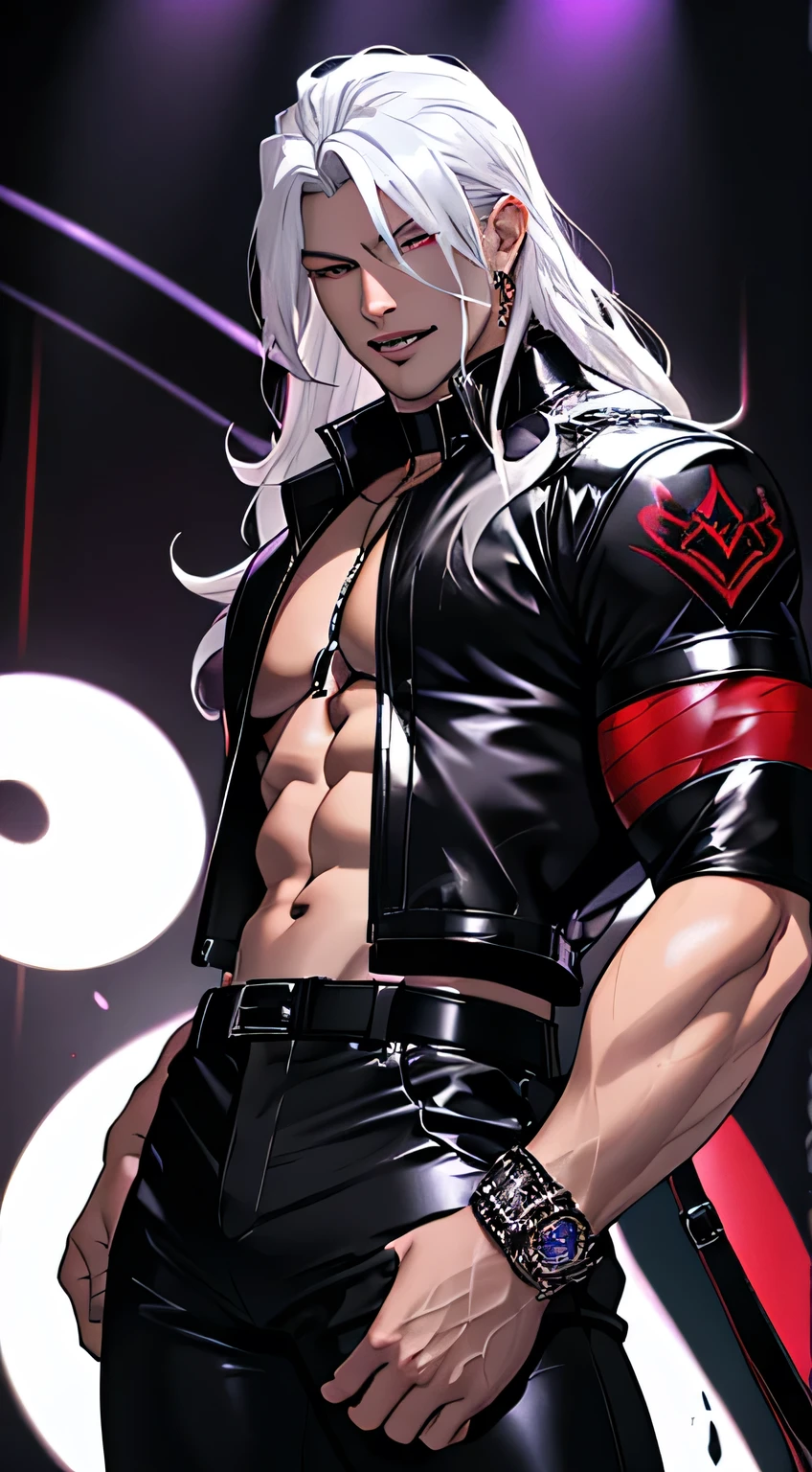 Top quality, Photorealistic, 8K, High Definition, Unity 8K wallpaper, high res, ultra sharp, masterpiece, ((masterpiece)), best quality, expressive eyes, perfect face, Super eyes, masterpiece, highly detailed exquisite character art, epic fantasy digital art style, detailed digital 3D fantasy art, ultra-realistic, detailed abs, strong jawline, sexy incubus muscle male incubus with white hair neon yellow eyes tattoos, red horns, red devil wings, seduction, mature male, in a strip club pole-dancing spotlights, audience, male butt, neon full body tattoos, neon coat, male, glowing neon crotch tattoo, love eyes, (extreme blushing)
