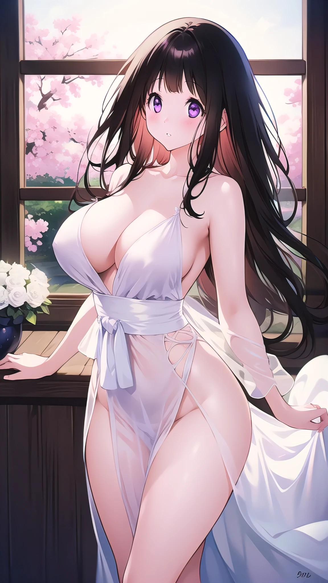 Amazing Chitanda, There is only one beautiful girl,Purple Eyes, Black Hair, Very red face,Very white skin,Glowing skin,Skin as delicate as porcelain,Naturally straight hair, Straight bangs,Extremely refined,Open lips,Long flowing hair,Beautiful Girl, Like a dream,Slim,Slim waist,Soft, (Sensual), (Kawaii), Dream quality,Beautiful big breasts,Areola,Completely naked,Wearing a transparent wedding dress,Flower decoration,Deep V neckline,Loose neckline,Wide neckline,In a traditional Japanese garden,window,back,Hips,Side body,Gluteal groove,Bare back,Light transmission,no pants,pussy juice,Bare shoulders,Bare neck,Exposed collarbone,Exposing breasts,Exposing breasts side,Show your waist,Show your buttocks,Show your thighs,Exposing the groin,No pants,extremely shy,Ultra-high resolution, (masterpiece:1.2, best quality), (Delicate and beautiful eyes: 1.2), (Beautiful and delicate face)