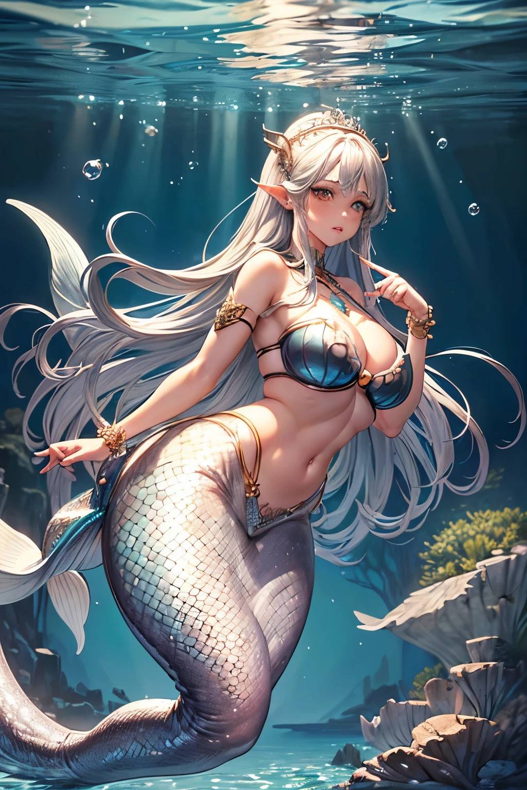 Realistic, (mermaid:1.2), swimming under the sea, (long silver hair:1.1), (highly detailed scale) and (dark eyes), (heavy breasts), (bubble butt), (wide hips:1.1), (slim waist:1.1), (thick thighs:1.1), (detailed face and eyes:1.2), (gills), dolphin tail, (full body), (sling mini clothes:1.2), (detailed hand and finger:1.2), (medium breasts:1.2), (busty), (deep cleavage:1.2), (labia outline:1.3), (hard teat:1.3).