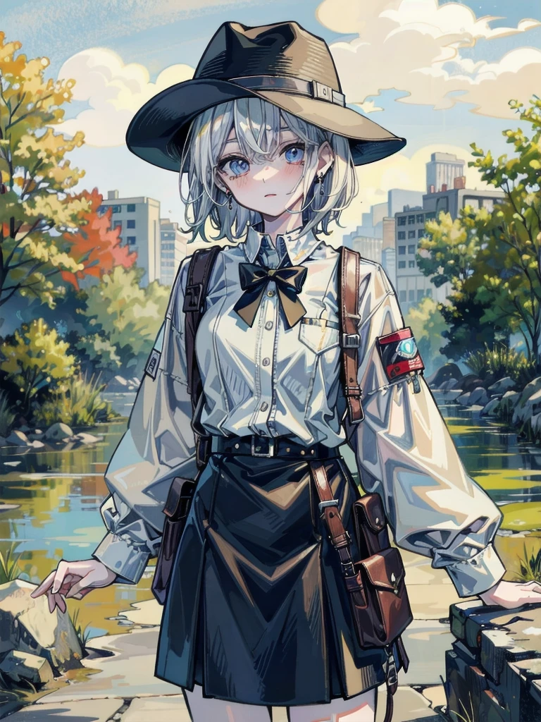 whole body, wet clothes, cowgirl outfit, holster, absurdres, Best Quality, 32k, pale skin, 20 years old, tearful mole, earring, short medium hair, wavy hair,