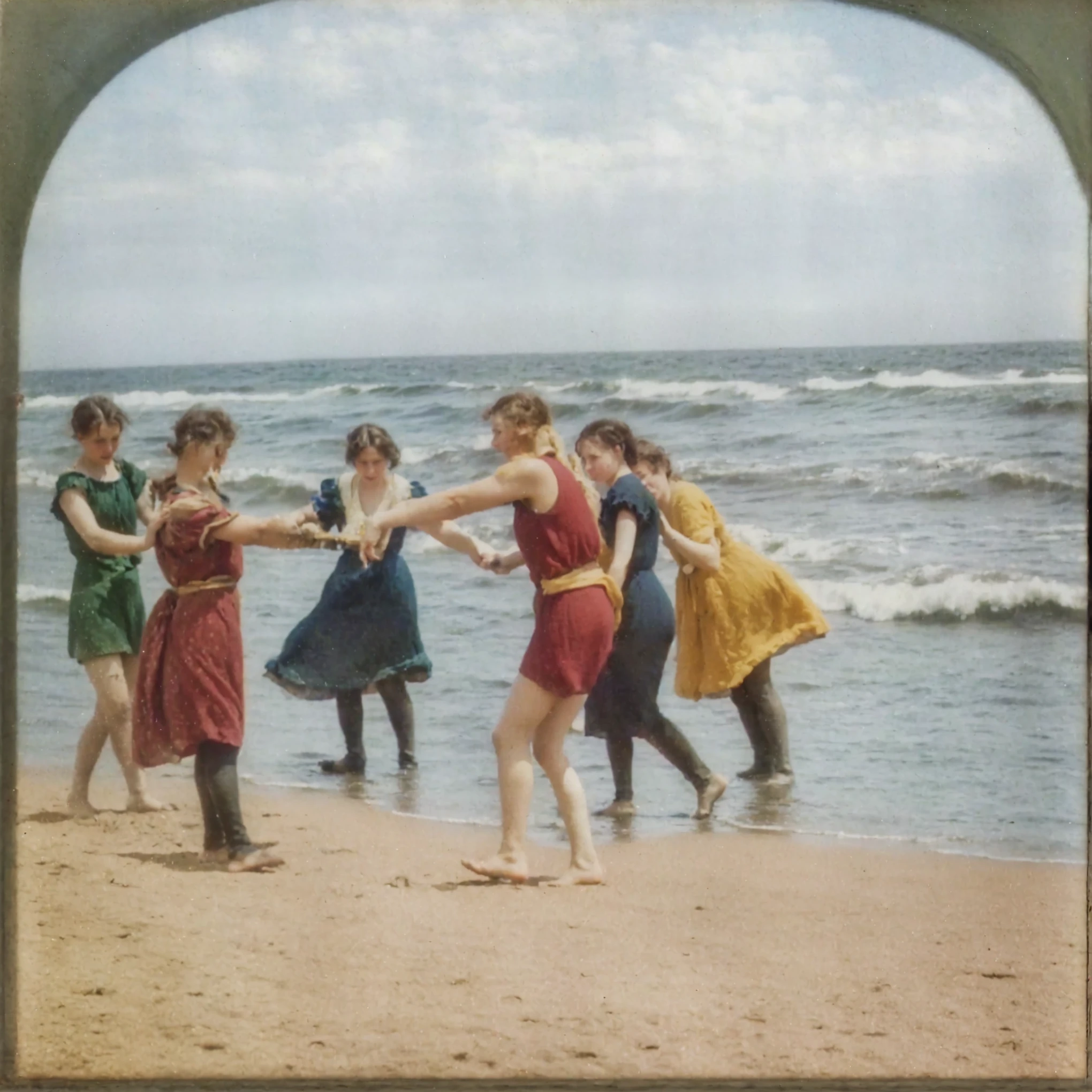 there are a group of people on the beach playing with each other, autochrome photograph, autochrome, award winning autochrome photo, 1910 polaroid photo, 1 9 1 0 polaroid photo, 1910 polaroid photography, 4 k photo autochrome, hand - tinted, colourised, 1910s film still, 1910 photography