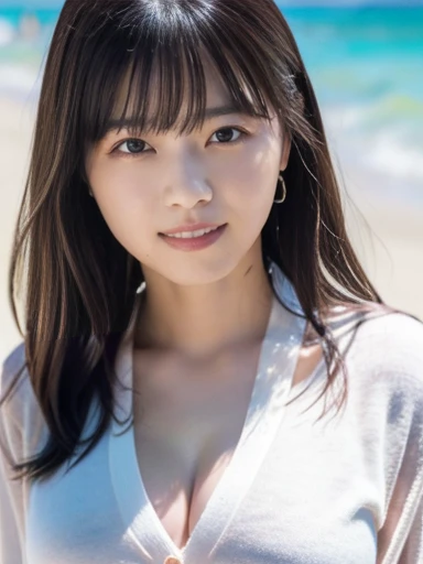 (RAW Photos: 1.2), (Realistic: 1.4), (highest quality: 1.4), Ultra-high resolution, (Fine Eyes),Nude Photos,Full body photo、Gravure photo,1. High school girl,(Large Breasts),You can see the chest、Black Hair,((White blouse、pastel cardigan)),Bright Eyes,Blushing,smile,Highly detailed face and skin texture, Healthy Skin,(Beach),8K resolution