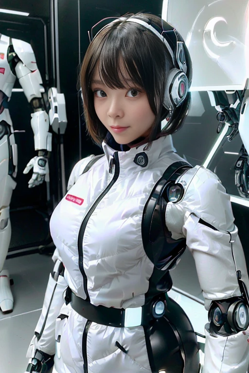 A girl in a futuristic bright white heavily armored robot suit takes a photo、perfect android girl, Female cyborg body, Perfect anime cyborg woman, Beautiful female android!, Female Robot, completely robot!! girl, Cute cyborg girl, Cyber Suit, Girl wearing mecha cybernetic armor, Cyber Suit, beutiful white girl cyborg, Beautiful female android, Beautiful girl cyborg、Cute cyborg girl with short bob hair、Beautiful android sculpture model、(Laughter)、((Rounded, white, sturdy armor))、(((Equipped with long sensor antennas on both ears)))、(((Robot Girl)))、(((Android girls)))、