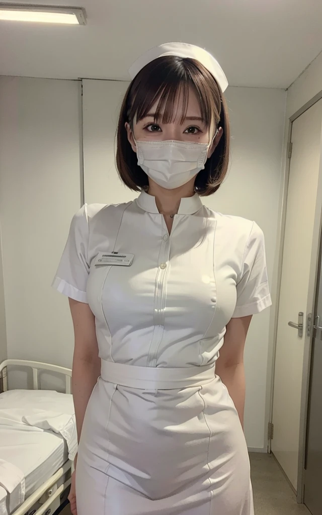 1 girl,(Wearing white nurse clothes:1.2),(RAW photo, highest quality), (realistic, photo-realistic:1.4), masterpiece, very delicate and beautiful, very detailed, 2k wallpaper, wonderful, finely, very detailed CG unity 8k wallpaper, Super detailed, High resolution, soft light, beautiful detailed girl, very detailed eyes and face, beautifully detailed nose, finely beautiful eyes, nurse, perfect anatomy, black hair, up style, nurse uniform, ((mask)), long skirt, nurse, white costume, thin, hospital, clear, white uniform, hospital room, auscultation of the neck,bob cut