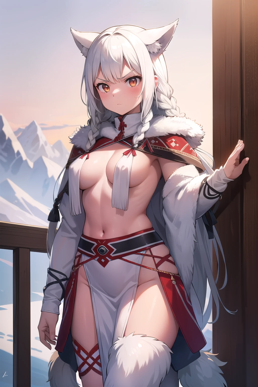 ultra detailed, masterpiece, girl, white hair braided , adult body , bestial, cold clothes, tribal style , wolf skin clothes, eskimo style, tribal warrior, native, angry. Standing front. 