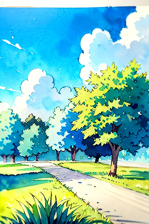 No humans, Outdoor, null, wood, scenery, Traditional Media, Day, cloud, plant, blue null, road, Bush, Grass, Painting (Moderate), watercolor (Moderate)