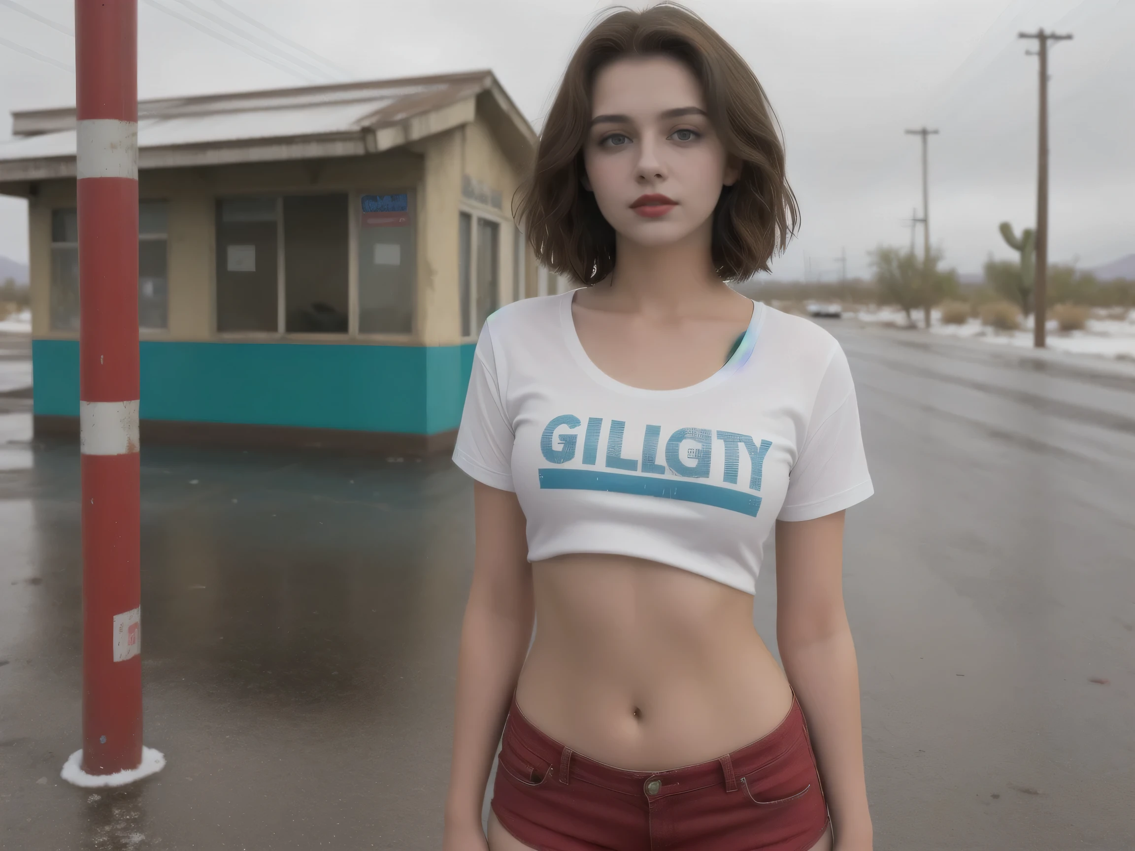 (medium distance high definition))), Grungy, beautiful innocent sexy 16 year old ((pale)) Romanian girl, short brown hair, big brown eyes, red lipstick, staring at the viewer, skin tight skimpy shorts, blue t-shirt, standing in front of abandoned diner, rain, Mojave desert, snow on the ground, huge tits