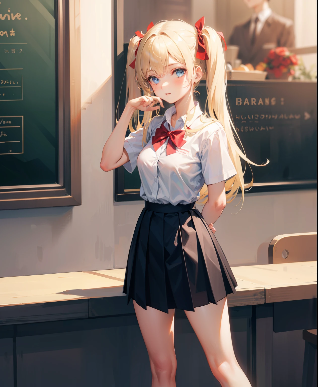 1 girl, 16 years old, Dynamic posing, different pose, Arrange pose,Top quality work, twin tails hair, Show Legs,(long white hair),(blue eyes), Rose cheeks, Pretty Face, A perfectly proportioned face, school white shirt with red bow and black skirt, shirt tucked into skirt, (school uniform), (school white shirt), white stockings,in cafe, round small breasts
