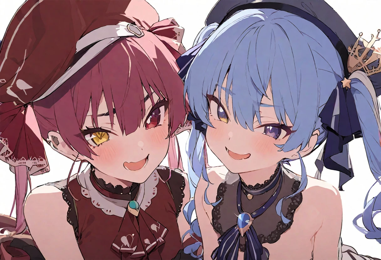 delicate、masterpiece、highest quality、2 peopleの女の子、2 peopleだけ、2 people、VTuber、cute、(((Houshou Marine,cute、Red hair、Twin tails,Distinct eyes,The left eye is yellow and the right eye is red,hatは無し)))、(((Star Town Suisei、cute、Light blue hair、hat)))White background、Flat Color、sketch