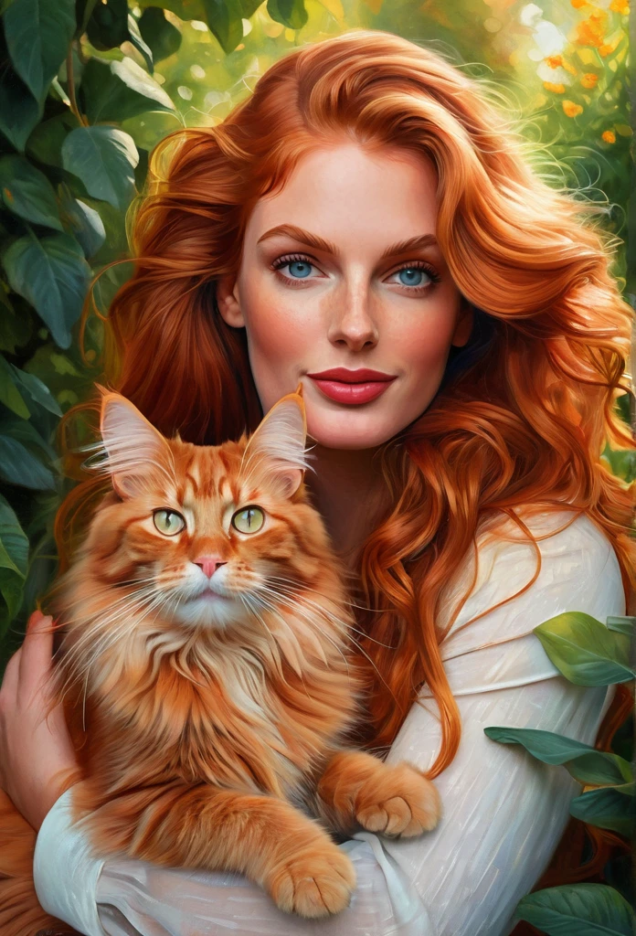 red-haired [girl:Byonce Knowles:0.1] with a full sized  red mainecoon cat, (best quality, masterpieces, ultra-detailed), beautiful detailed eyes, beautiful detailed lips, longeyelashes, vibrant colors, illustrative style, oil painting texture, flowing red hair, cozy garden background, soft sunlight, lively expression, joyful interaction with the cat, dynamic pose, realistic rendering.