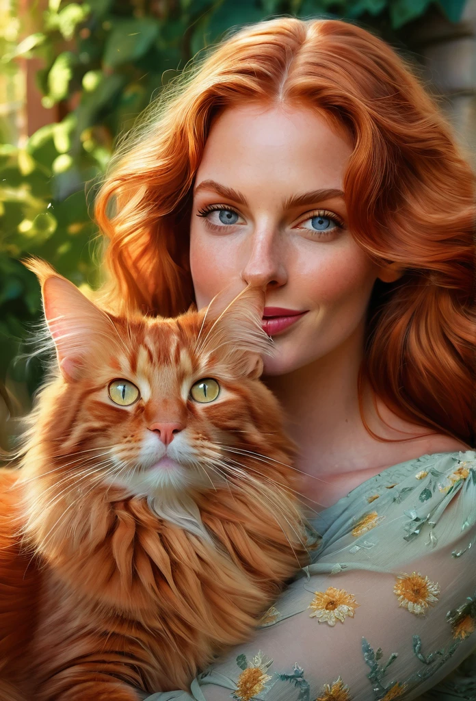 red-haired [girl:Byonce Knowles:0.1] with a full sized  red mainecoon cat, (best quality, masterpieces, ultra-detailed), beautiful detailed eyes, beautiful detailed lips, longeyelashes, vibrant colors, illustrative style, oil painting texture, flowing red hair, cozy garden background, soft sunlight, lively expression, joyful interaction with the cat, dynamic pose, realistic rendering.