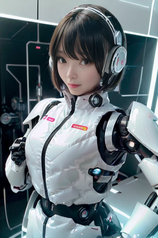 A girl in a futuristic bright white heavily armored robot suit takes a photo、perfect android girl, Female cyborg body, Perfect anime cyborg woman, Beautiful female android!, Female Robot, completely robot!! girl, Cute cyborg girl, Cyber Suit, Girl wearing mecha cybernetic armor, Cyber Suit, beutiful white girl cyborg, Beautiful female android, Beautiful girl cyborg、Cute cyborg girl with short bob hair、Beautiful android sculpture model、(Laughter)、((Rounded, white, sturdy armor))、(((Equipped with long sensor antennas on both ears)))、(((Robot Girl)))、(((Android girls)))、