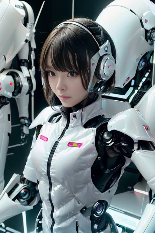 A girl in a futuristic bright white heavily armored robot suit takes a photo、perfect android girl, Female cyborg body, Perfect anime cyborg woman, Beautiful female android!, Female Robot, completely robot!! girl, Cute cyborg girl, Cyber Suit, Girl wearing mecha cybernetic armor, Cyber Suit, beutiful white girl cyborg, Beautiful female android, Beautiful girl cyborg、Cute cyborg girl with short bob hair、Beautiful android sculpture model、(Laughter)、((Rounded, white, sturdy armor))、(((Equipped with long sensor antennas on both ears)))、(((Robot Girl)))、(((Android girls)))、