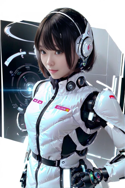 A girl in a futuristic bright white heavily armored robot suit takes a photo、perfect android girl, Female cyborg body, Perfect anime cyborg woman, Beautiful female android!, Female Robot, completely robot!! girl, Cute cyborg girl, Cyber Suit, Girl wearing mecha cybernetic armor, Cyber Suit, beutiful white girl cyborg, Beautiful female android, Beautiful girl cyborg、Cute cyborg girl with short bob hair、Beautiful android sculpture model、(Laughter)、((Rounded, white, sturdy armor))、(((Equipped with long sensor antennas on both ears)))、(((Robot Girl)))、(((Android girls)))、