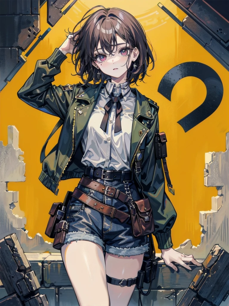 whole body, cowgirl outfit, holster, absurdres, Best Quality, 32k, pale skin, 20 years old, tearful mole, earring, short medium hair, wavy hair,