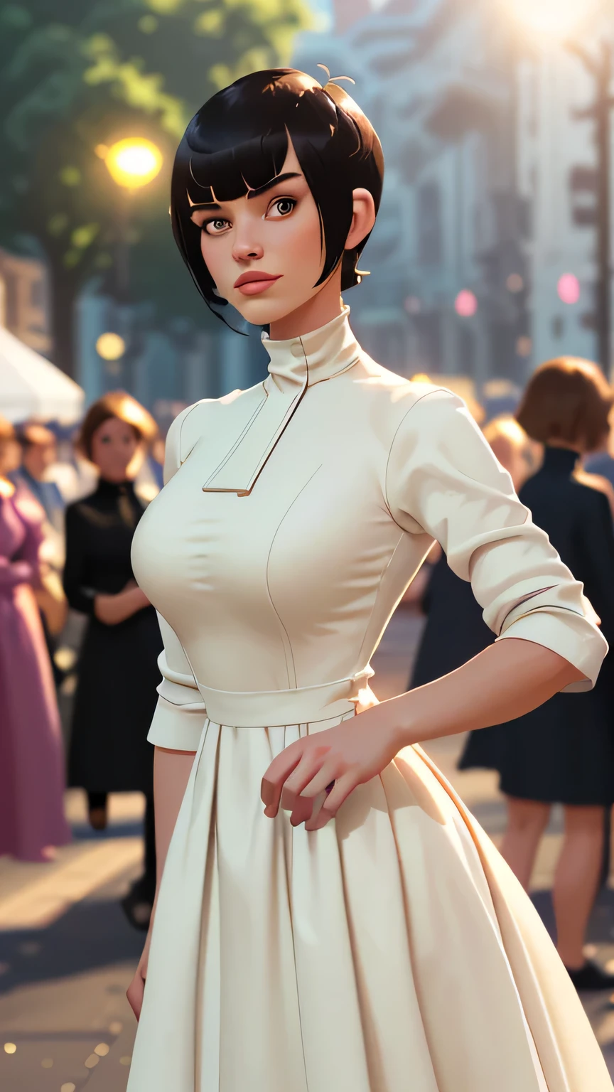 best quality, 1girl, (skindentation), (huge breast:1.2), (blur background:0.6), (street:1.2), (people, crowds:1), garden, day, outdoor, (casual yet stylish, elegant cloth, high neck dress:1.5), gorgeous, (bangs, short hair:1.5), (floating hair:1.2), (dynamic pose:1.2), soft lighting, wind, (front light:1.5),  makeup, 