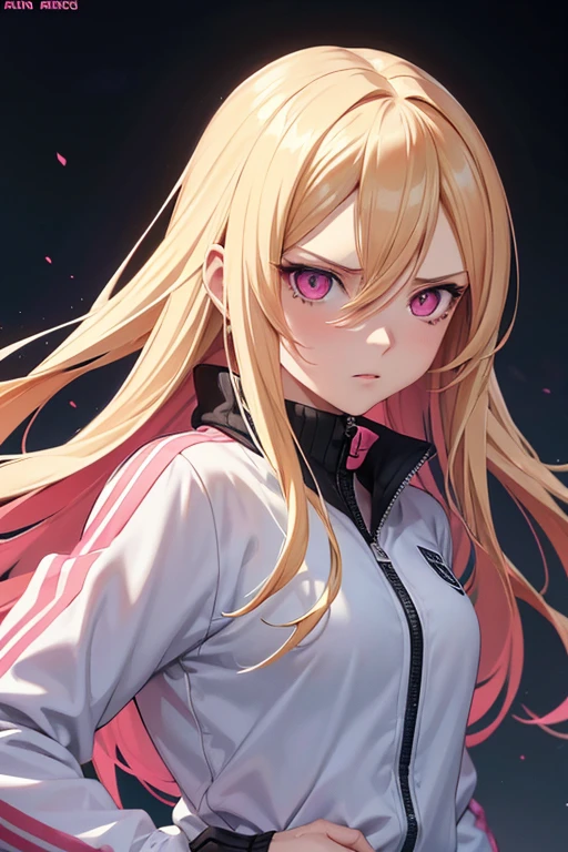 anime girl with long blonde hair, detailed pink eyes, dark circles under eyes, wearing white tracksuit, glaring, realistic, 8k, hyperdetailed, cinematic lighting, concept art, vibrant colors, dramatic shadows, highly detailed facial features, elegant pose, dynamic composition, masterpiece