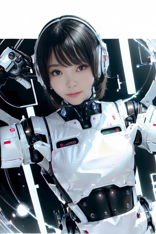 A girl in a futuristic bright white heavily armored robot suit takes a photo、perfect android girl, Female cyborg body, Perfect anime cyborg woman, Beautiful female android!, Female Robot, completely robot!! girl, Cute cyborg girl, Cyber Suit, Girl wearing mecha cybernetic armor, Cyber Suit, beutiful white girl cyborg, Beautiful female android, Beautiful girl cyborg、Cute cyborg girl with short bob hair、Beautiful android sculpture model、(Laughter)、((Rounded, white, sturdy armor))、(((Equipped with long sensor antennas on both ears)))、(((Robot Girl)))、(((Android girls)))、