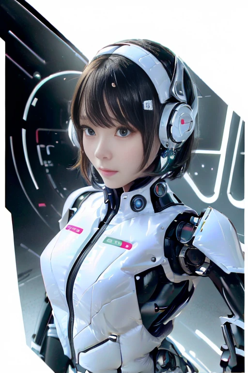 A girl in a futuristic bright white heavily armored robot suit takes a photo、perfect android girl, Female cyborg body, Perfect anime cyborg woman, Beautiful female android!, Female Robot, completely robot!! girl, Cute cyborg girl, Cyber Suit, Girl wearing mecha cybernetic armor, Cyber Suit, beutiful white girl cyborg, Beautiful female android, Beautiful girl cyborg、Cute cyborg girl with short bob hair、Beautiful android sculpture model、(Laughter)、((Rounded, white, sturdy armor))、(((Equipped with long sensor antennas on both ears)))、(((Robot Girl)))、(((Android girls)))、