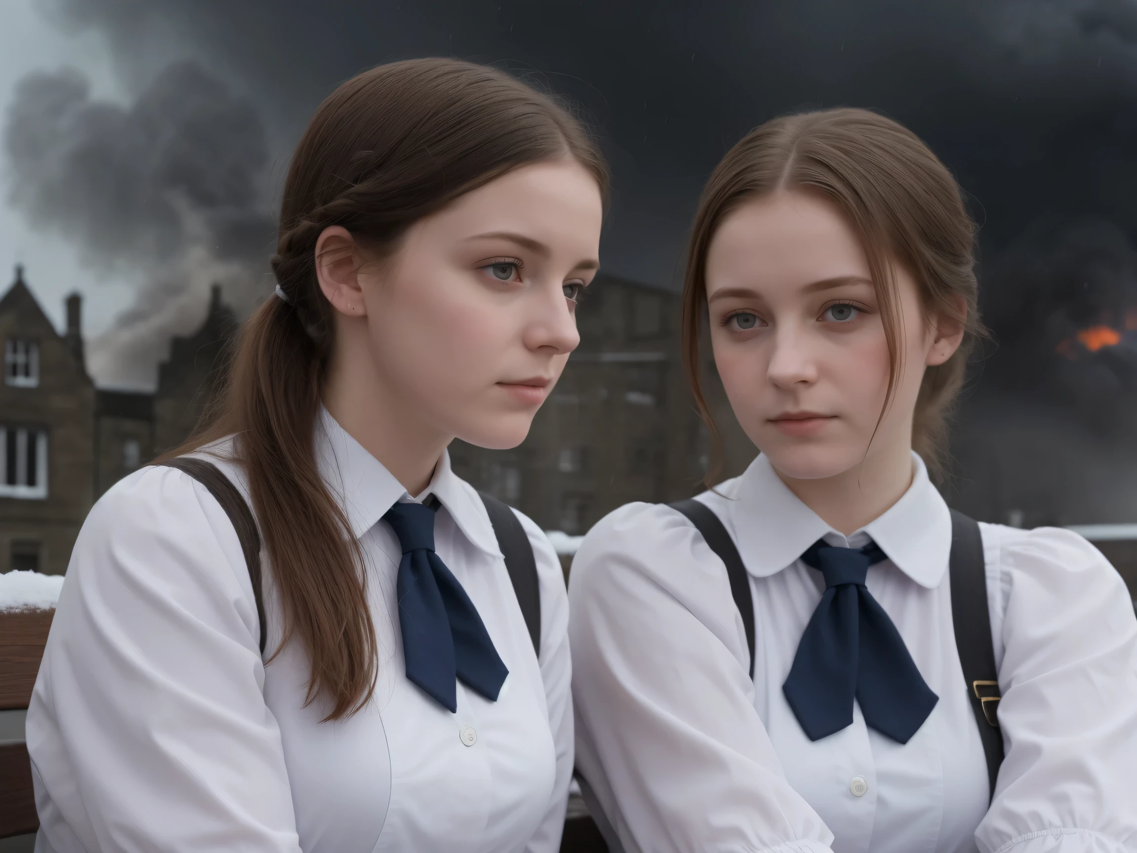 (((close up high definition))), two very calm beautiful school aged pale school girls, Victorian era, wearing catholic school uniforms, , sitting an an urban environment in Scotland, raining, cloudy skies, burning buildings, smoke, bombs exploding, snowing, fiery explosions in background, burning buildings, snow storm