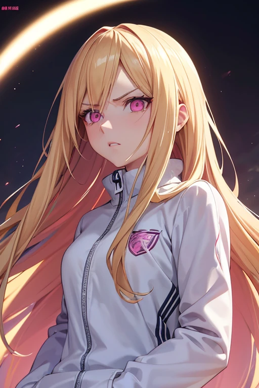 anime girl with long blonde hair, detailed pink eyes, dark circles under eyes, wearing white tracksuit, glaring, realistic, 8k, hyperdetailed, cinematic lighting, concept art, vibrant colors, dramatic shadows, highly detailed facial features, elegant pose, dynamic composition, masterpiece