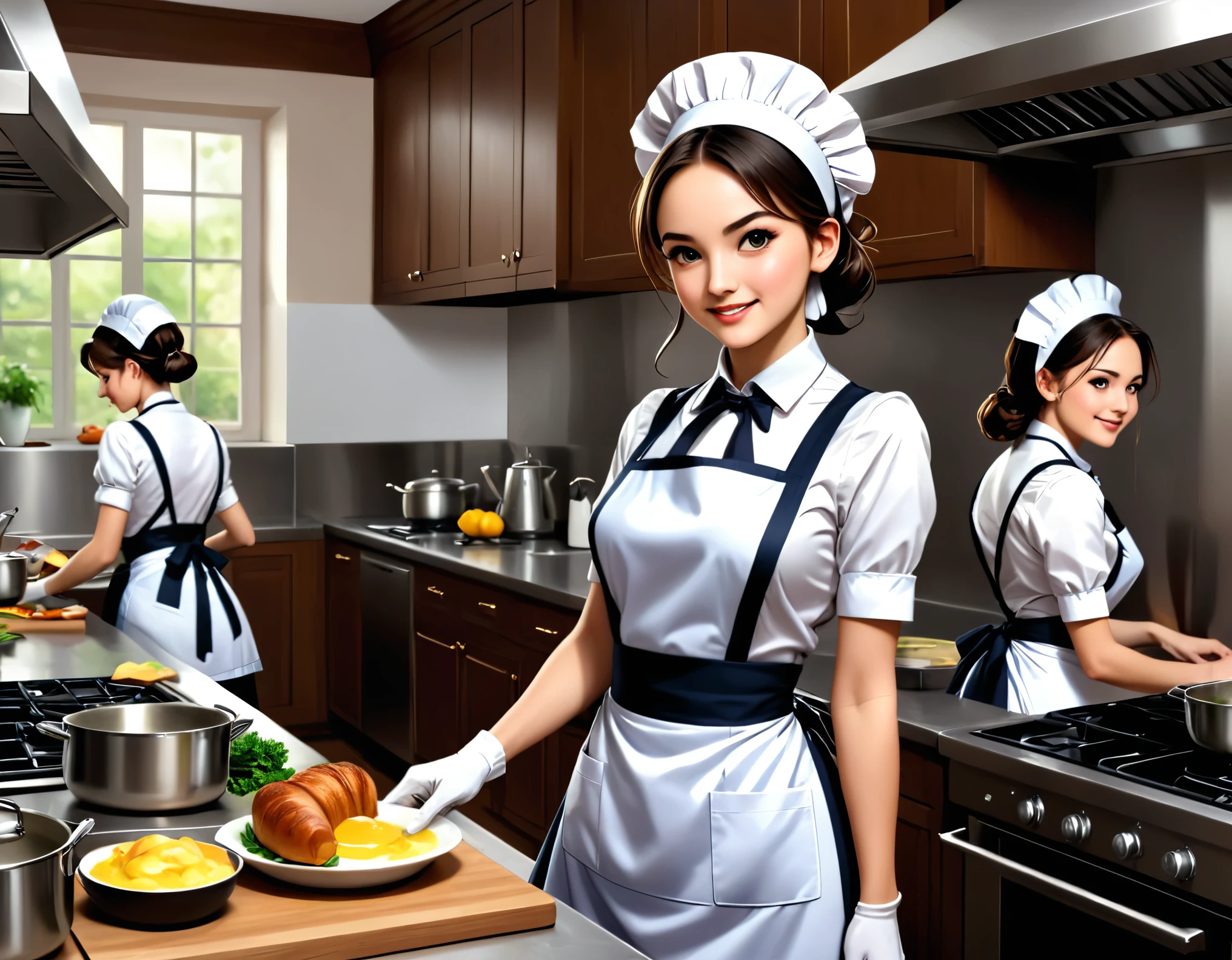 masterpiece, best quality, 8k, highres, realistic, detailed, Busy work in the kitchen, women in maid's uniforms, aprons, each hard at work,
