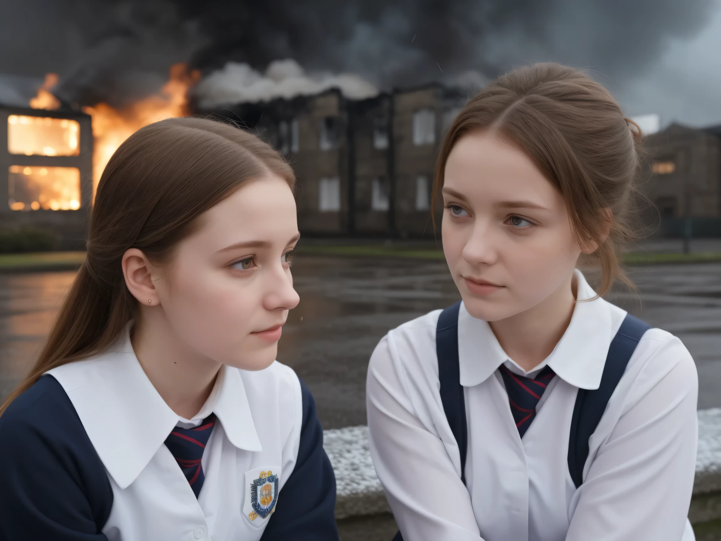 (((close up high definition))), two very calm beautiful school aged pale school girls, wearing catholic school uniforms, , sitting an an urban environment in Scotland, raining, cloudy skies, burning buildings, smoke, bombs exploding, snowing, fiery explosions in background, people jumping from buildings
