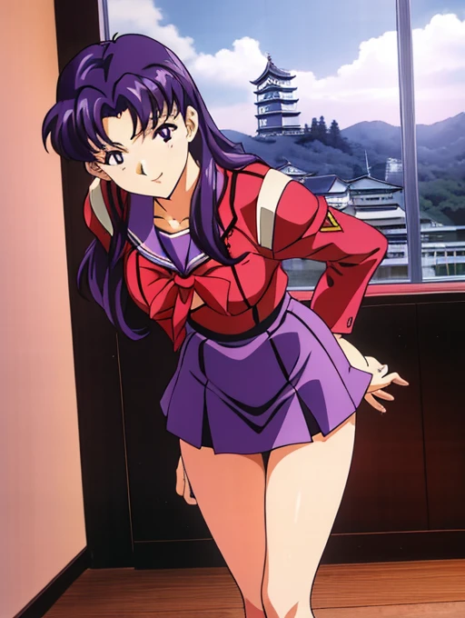 ((Katsuragi Castle_Misato)), Sailor suit,Miniskirt Photo shoot in apartment, Moderate_chest, Purple Hair, (analog quality:0.6), (Film Grain:0.8),Sexy pose