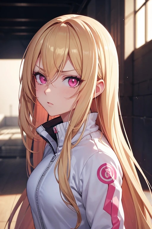 anime girl with long blonde hair, detailed pink eyes, dark circles under eyes, wearing white tracksuit, glaring, realistic, 8k, hyperdetailed, cinematic lighting, concept art, vibrant colors, dramatic shadows, highly detailed facial features, elegant pose, dynamic composition, masterpiece