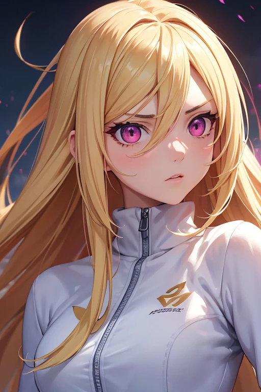 anime girl with long blonde hair, detailed pink eyes, dark circles under eyes, wearing white tracksuit, glaring, realistic, 8k, hyperdetailed, cinematic lighting, concept art, vibrant colors, dramatic shadows, highly detailed facial features, elegant pose, dynamic composition, masterpiece