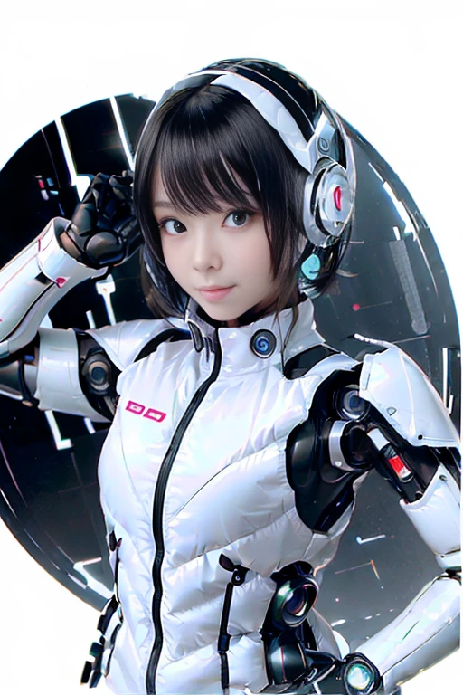 A girl in a futuristic bright white heavily armored robot suit takes a photo、perfect android girl, Female cyborg body, Perfect anime cyborg woman, Beautiful female android!, Female Robot, completely robot!! girl, Cute cyborg girl, Cyber Suit, Girl wearing mecha cybernetic armor, Cyber Suit, beutiful white girl cyborg, Beautiful female android, Beautiful girl cyborg、Cute cyborg girl with short bob hair、Beautiful android sculpture model、(Laughter)、((Rounded, white, sturdy armor))、(((Equipped with long sensor antennas on both ears)))、(((Robot Girl)))、(((Android girls)))、