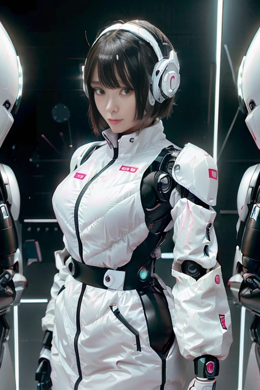 A girl in a futuristic bright white heavily armored robot suit takes a photo、perfect android girl, Female cyborg body, Perfect anime cyborg woman, Beautiful female android!, Female Robot, completely robot!! girl, Cute cyborg girl, Cyber Suit, Girl wearing mecha cybernetic armor, Cyber Suit, beutiful white girl cyborg, Beautiful female android, Beautiful girl cyborg、Cute cyborg girl with short bob hair、Beautiful android sculpture model、(Laughter)、((Rounded, white, sturdy armor))、(((Equipped with long sensor antennas on both ears)))、(((Robot Girl)))、(((Android girls)))、