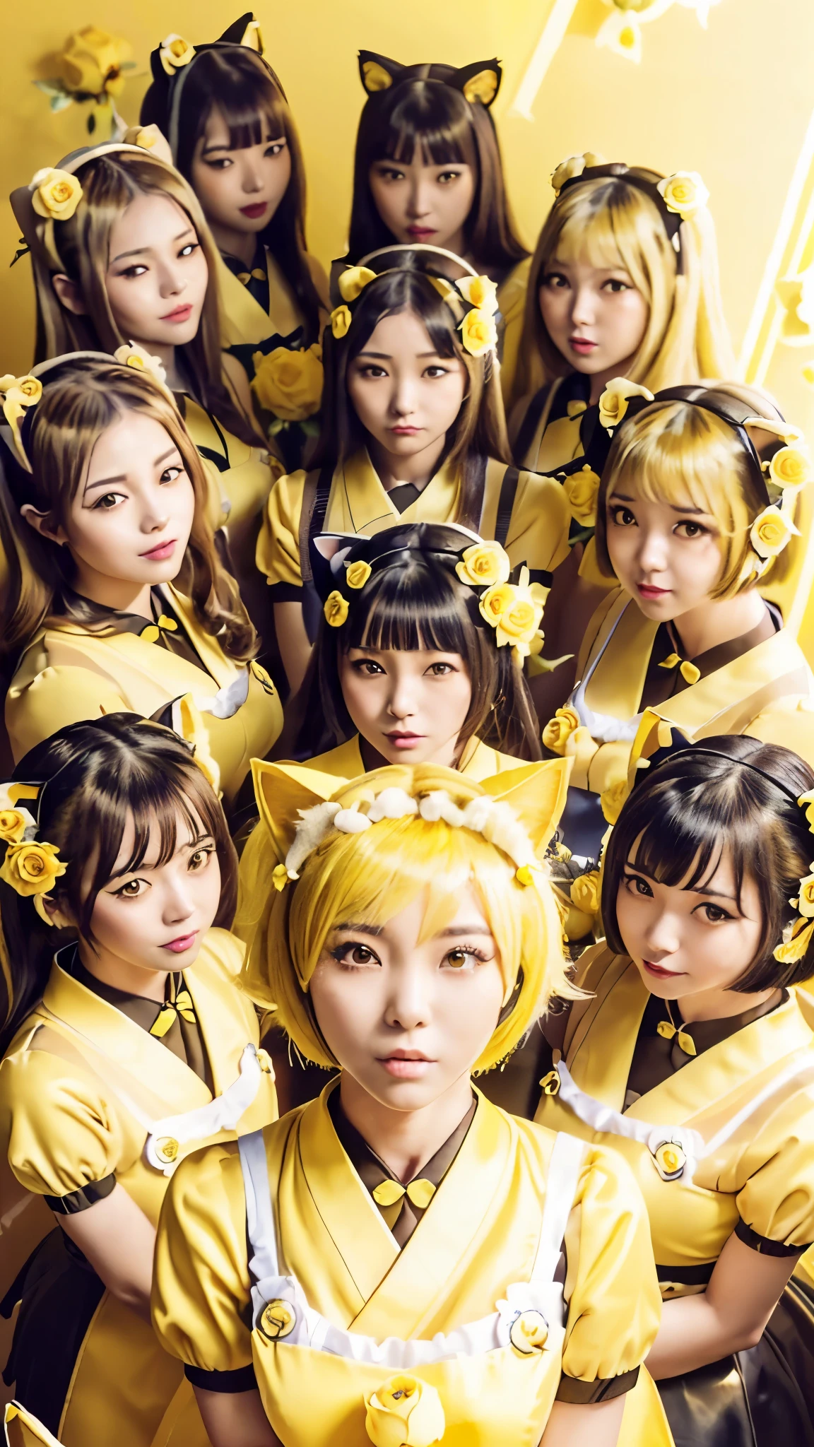 masterpiece, 4k, Bokeh, high school girls, (Multiple girls:1.6), (Group photo:1.5), (beautiful face:1.3),  (Cat ears:1.3), (Yellow bob hair:1.6) , (Japanese idol:1.6), Blushed face, (Yellow maid costume :1.4), looking at the viewer, closeup, 
 (Yellow background :1.4), (Yellow rose room:1.6), Yellow thema