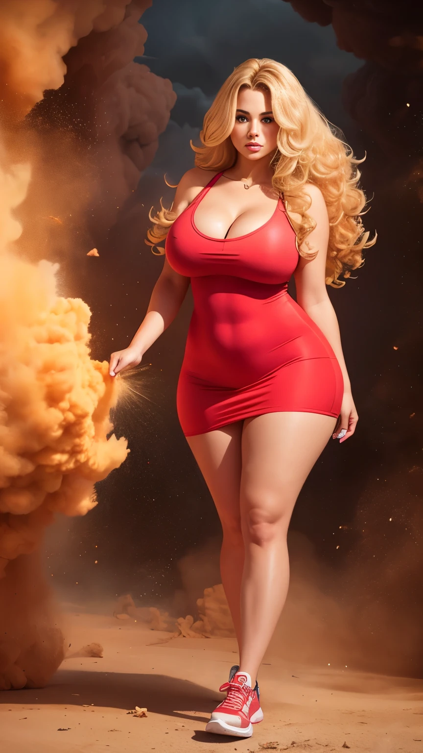 a sexy curvy woman with large breasts, long blonde curly hair, wearing a short tight dress, nike sneakers, surrounded by an explosive dust cloud, high quality, detailed, photorealistic, 8k