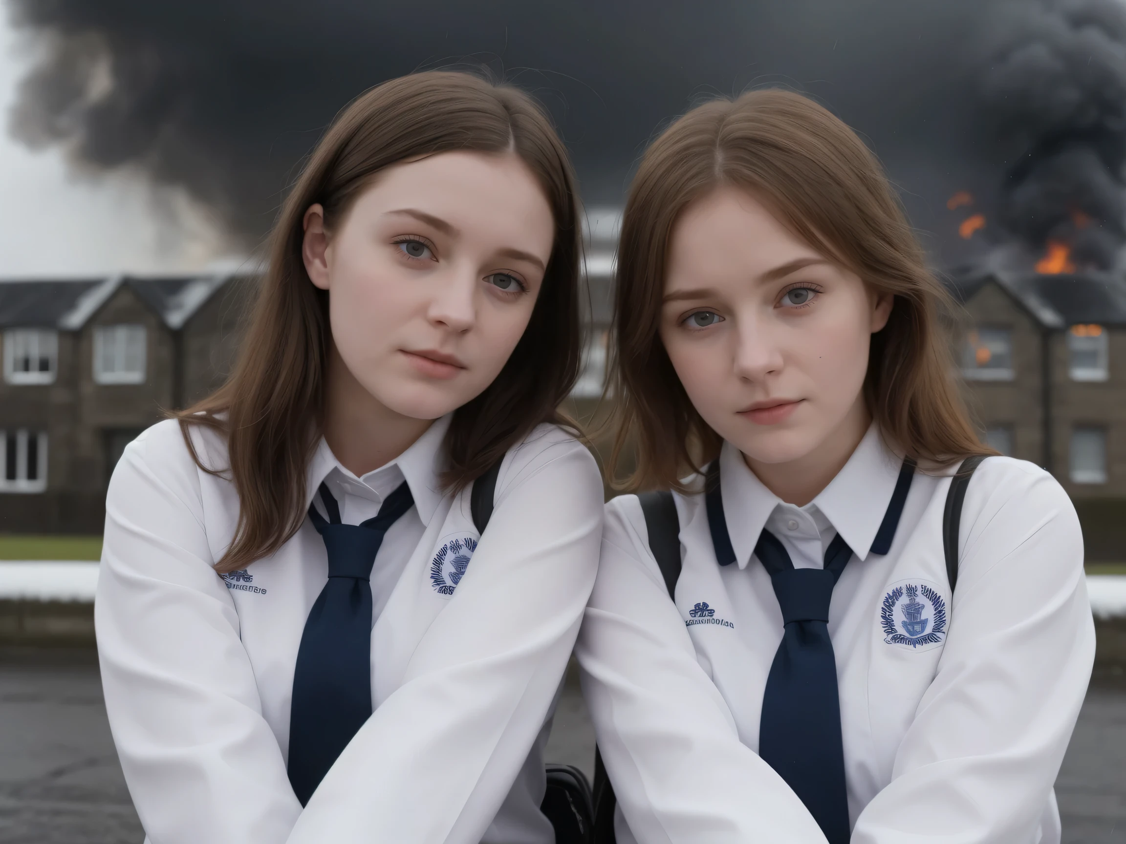 (((close up high definition))), two very calm beautiful school aged pale school girls, wearing catholic school uniforms, , sitting an an urban environment in Scotland, raining, cloudy skies, burning buildings, smoke, bombs exploding, snowing, fiery explosions in background, people jumping from buildings