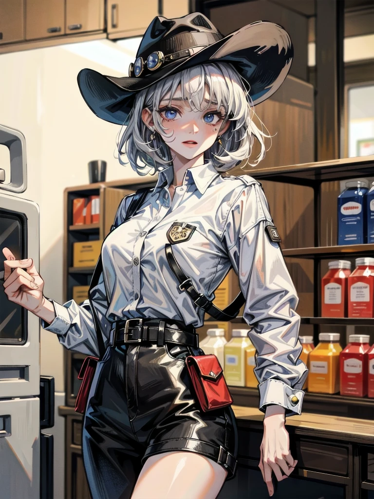 whole body, cowgirl outfit, holster, absurdres, Best Quality, 32k, pale skin, 20 years old, tearful mole, earring, short medium hair, wavy hair,