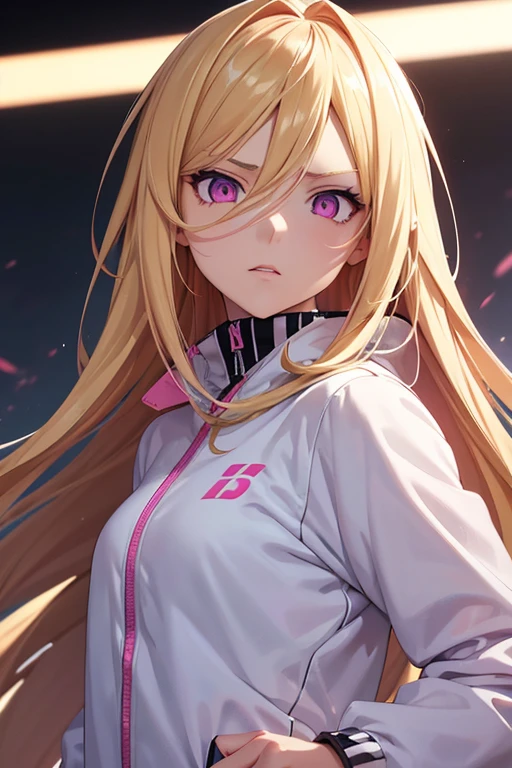 anime girl with long blonde hair, detailed pink eyes, dark circles under eyes, wearing white tracksuit, glaring, realistic, 8k, hyperdetailed, cinematic lighting, concept art, vibrant colors, dramatic shadows, highly detailed facial features, elegant pose, dynamic composition, masterpiece
