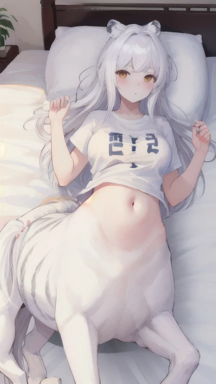 (best quality, masterpiece), 1 girl, centaur, It takes,White skin,Lying on the bed, belly button t-shirt, 아름다운 소녀 perfect white tiger photo, perfect white tiger photo