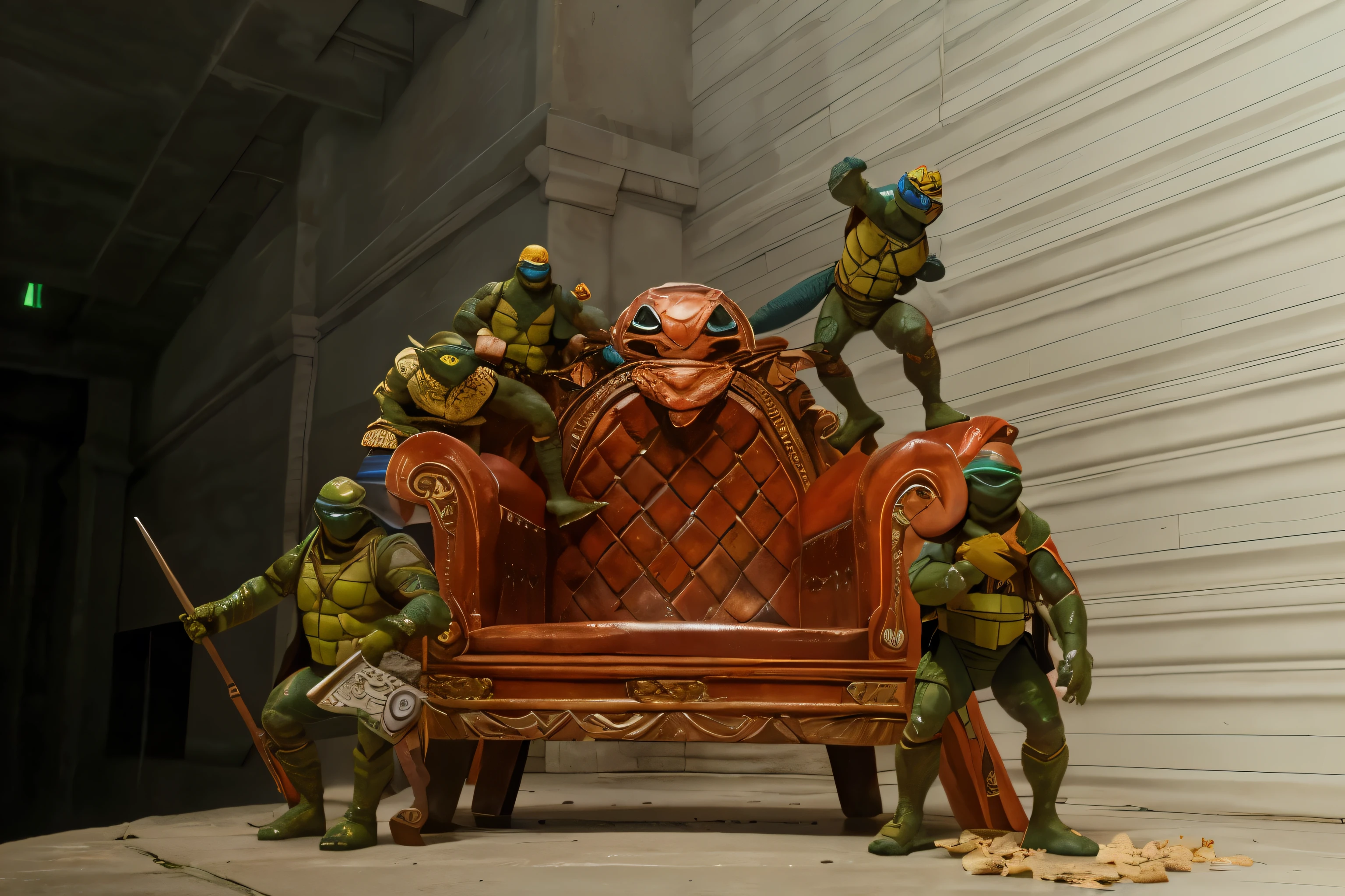 (Best quality, 8k, 32k, Masterpiece, UHD:1.2) Transform the setting of this image to feature the age Mutant Ninja Turtles in their lair, centered around a giant throne-like chair. The environment should be a detailed sewer area with elements like exposed pipes, brick walls, and scattered debris, creating a gritty, underground atmosphere.
Introduce the TeenMutant Ninja Turtles in dynamic poses around the throne. They should have realistic reptilian details and textures while maintaining their humanoid appearance. Leonardo, with a textured blue bandana, should have smooth, greenish-brown skin and a detailed shell featuring subtle patterning. Michelangelo, wearing an orange bandana, should have a speckled, olive-green skin tone with webbed fingers and toes. Donatello, in a purple bandana, should exhibit darker, rugged skin with patches of mottled brown. Raphael, sporting a red bandana, should have rougher skin texture with visible veins and a deep green hue.
Highlight their reptilian nature with realistic skin textures, scales, and moist surfaces. The giant throne-like chair should be the focal point, possibly adorned with elements that reflect their personalities, such as weapon holders or skateboard designs. The turtles can be interacting with the chair, with one possibly sitting on it while others stand guard or engage in casual conversation.
The lighting should be dynamic, with contrasted shadows and highlights that accentuate their forms and the details of their surroundings. Use the environmental lighting from the lair, such as dim overhead lights and glowing screens, to cast realistic glows and reflections on the turtles and the sewer elements.
Ensure the scene captures the essence of their underground home, with the turtles appearing ready for action or relaxation, creating a vivid, engaging depiction of their lair.