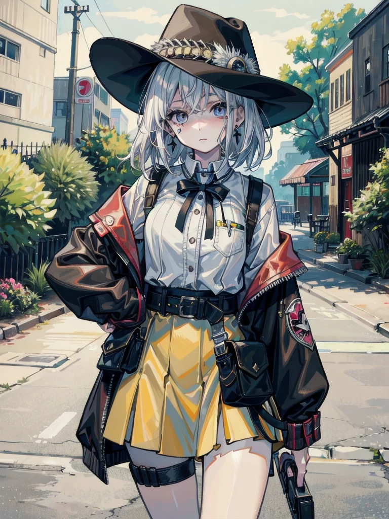 A young woman in a cowgirl outfit, holding a holster, detailed facial features including pale skin, 20 years old with a tearful mole and an earring, short wavy medium-length hair, best quality, 32k resolution, absurdres